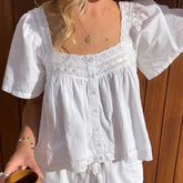 Embroidery Square Neck Button Up Blouse